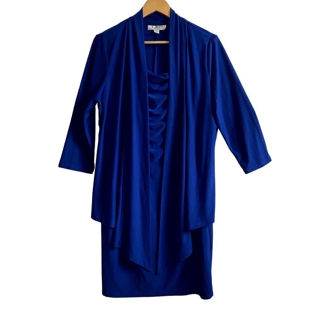 Clues Collections Women's Dress With Waterfall Jacket XL Royal Blue Draped Front